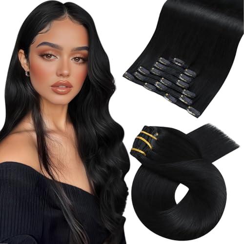 Image of Moresoo Clip in Hair Extensions Real Human Hair Jet Black 120g 16 inch | Jet black remy clip ins for daily work, double weft straight hair adds natural full head volume for women, 7pcs