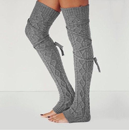 Womens Knitted Crochet Leg Warmers Boot Socks (Grey)