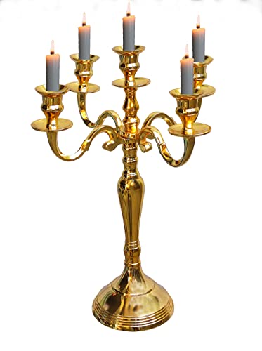 Metal Candelabra Five Arm Decorative Candlestick Holder For Wedding Event Dining Table And Centerpiece Decoration - 16 Inch Tall - Gold #TOP25