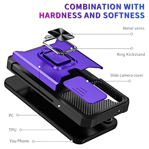 Image of LuxuryKase Shockproof Armor Case for Samsung Galaxy S26 Plus | Slide Camera Cover | Hidden Card Slot | Rotating Ring Kickstand | Magnetic Car Mount Support | Military Grade Protection - Purple