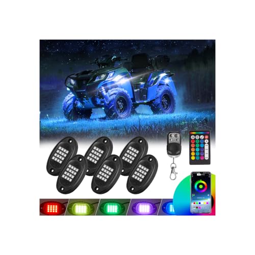 RGB LED Rock Lights Kit, 6 Pods Rock Lights for UTV ATV Golf Cart Trucks RZR SUV Offroad Pickup Cars, Waterproof Multicolor Underglow Kit with APP Remote Control Music Neon Vehicle Underbody Light 12V