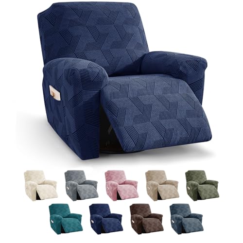Image of XINEAGE Recliner Chair Covers,3 Pieces Recliner Covers Geometrical Jacquard, Stretch Lazy Boy Recliner Slipcovers with Elastic Bottom for Pet, Kids (Recliner, Navy Blue)