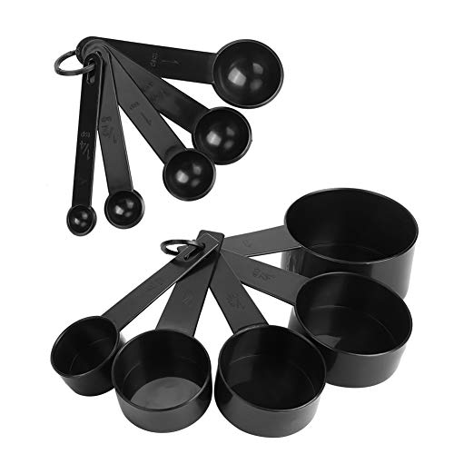 Juego de 2 juegos de cucharas medidoras, herramientas negras para hornear de bricolaje, kit de taza de cuchara medidora de plástico con báscula, accesorio de cocina para medir ingredientes secos y líq Cover