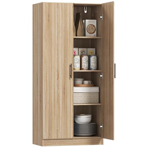 HOMCOM Credenza Cucina con Ante a Chiusura Ammortizzata, Dispensa Cucina con 2 Ripiani Regolabili, Mobile Dispensa per Soggiorno, Sala da Pranzo, Salotto, 75x40x165 cm, Color Legno