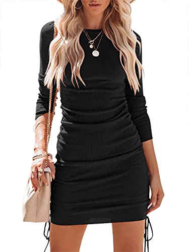 ANRABESS Women s Ruched Bodycon Drawstring Long Sleeve Crew Neck Ribbed Knit Tight Short Mini Sweater Dress ci392-heise-M Black