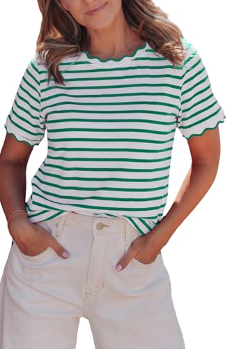 KevaMolly Women Stripe Scalloped Cotton Blend T Shirt Dark Green M