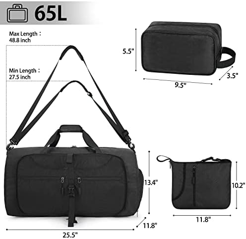 Travel Duffel Bag 65L Foldable Weekender Overnight Bag for Men Women Lightweight Carry on Weekend Bag Waterproof Sports Duffle Bag with Shoe Compartment and Toiletry Bag, Black 3 Travel Duffel Bag 65L Foldable Weekender Overnight Bag for Men Women Lightweight Carry on Weekend Bag Waterproof Sports Duffle Bag with Shoe Compartment and Toiletry Bag, Black