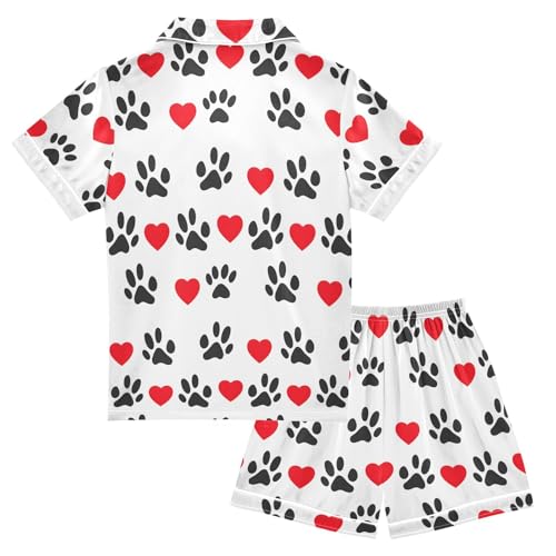 Cute Simple Paws Pattern Summer Satin Pajama Set, Cute Button-Down Sleepwear Pj Set for Sleep Wears2