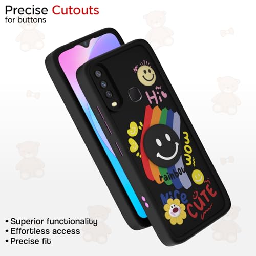 Image of Pikkme Back Cover for Vivo Y12 / Y15 / Y17 / U10 | Soft Silicone| Cute Rainbow Smile & 3D Cartoon Flower Design | Shockproof Raised Camera Protection Bumper Case (Black)