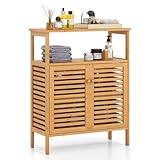 Tangkula Bamboo Floor Cabinet, Bathroom Storage Cabinet with Double Slatted Doors, Open Shelf,...
