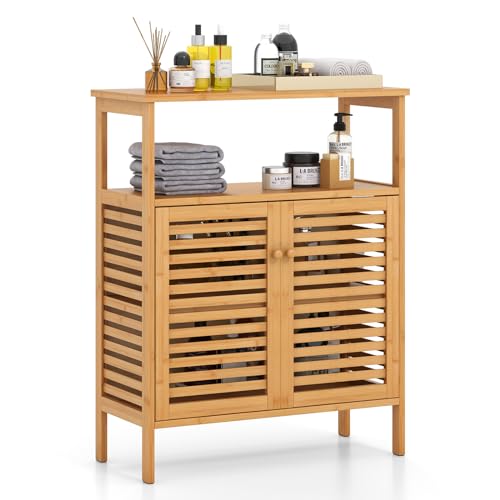 Tangkula Bamboo Floor Cabinet, Bathroom Storage Cabinet with Double Slatted Doors, Open Shelf, Removable Shelf, Storage Organizer for Bathroom Doorway Living Room Kitchen