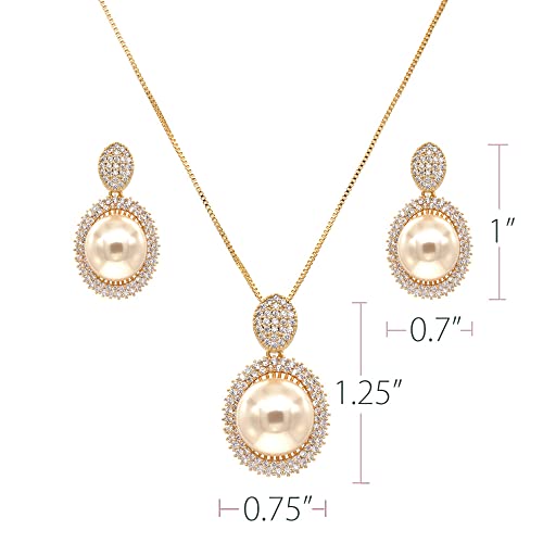 Lavencious Oval Dangle Jewelry Set Cream Color Pearl Necklace & Earrings Trendy Aaa Cubic Zirconia Gold Plated For Women (Gold) #TOP2