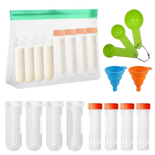 Avalessia Protein Powder Travel Container Set,Reusable Powder Supplement Container To Go, 4x50ml & 4x100ml Tubes With Large Zip Bags, Portable Supplement Storage Containers with Spoon for Fitness