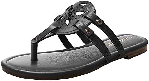 Athlefit Womens Flat Sandals Leather Casual Slip on Comfortable Flip Flops Thong Beach Black Sandal Dressy Size 9.5