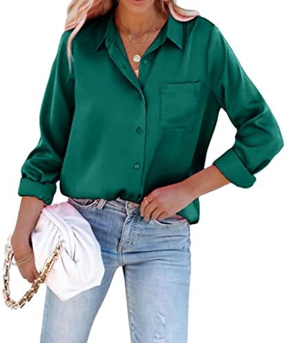 Pausus Womens Silk Button Down Shirt Slim Fit Long Sleeve Work Shirt Satin Blouses with Pocket(Green,M)