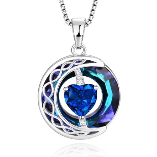 LIANYU Necklace for Womens Blue Sapphire Necklace Moon Pendant S925 Sterling Silver Crystal Jewelry for Women Pendant Birthday Gifts for Wife Gifts Valentine Anniversary