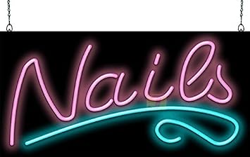 Nails Neon Sign - Large Size - 32" wide x 16" high - Real, Quality Hand Bent Neon Sign - Pink Letters with a Turquoise Underline Design