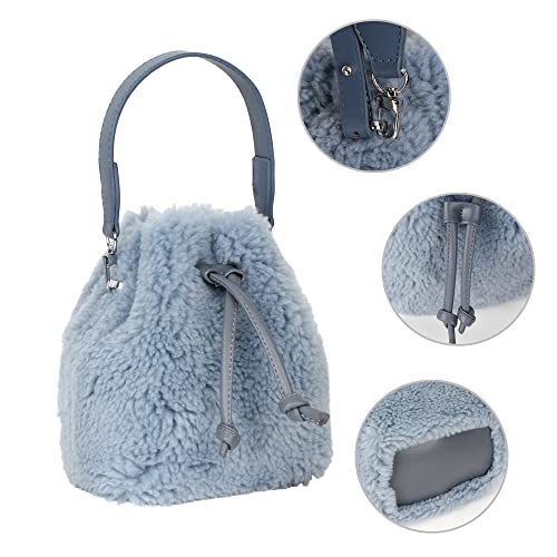 Hyuyikuwol Women Faux Fur Winter Fashion Shoulder Bag Barrel Shape Drawstring Satchel Purse, Blue #TOP2