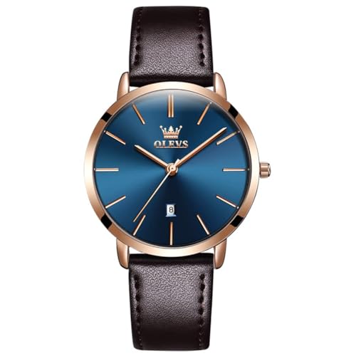 OLEVS Damen-Armbanduhr, ultradünn, 6,5 mm, minimalistisch, Business-Kleid, wasserdicht, Datum, braunes Leder, blaues Zifferblatt, schmale Uhren für Damen