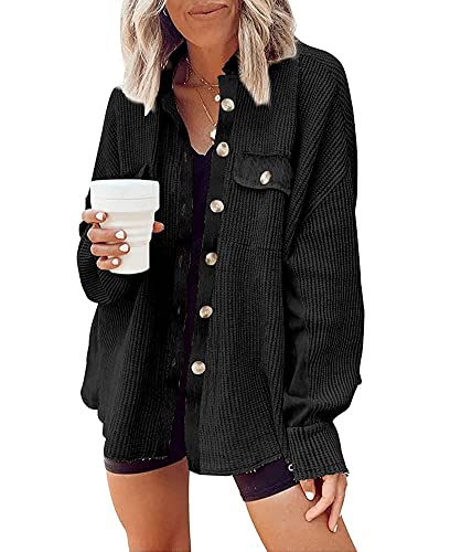 Image of Womens Corduroy Button Down Shirts Color Block Long Sleeve Blouses Tops Jackets