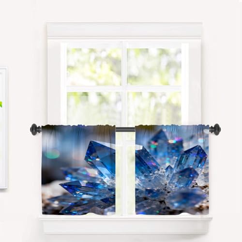 BaoNews Color Beautiful Stone Blue Bright Blackout Tier Curtains, Image Decorative Blue Geode Rock Mineral Agate Crystal Half Window Drapes for Kitchen Rod Pocket,Room Darkening 2 Pack 26X24 Inches