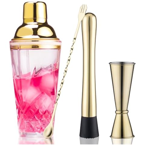 Gbuxska Cocktail Shaker Set - Glass Mixed Drink Shakers Cocktail Set, Martini Shaker with Strainer for Bars, Whiskey, Cocktails (Gold Set) Cover