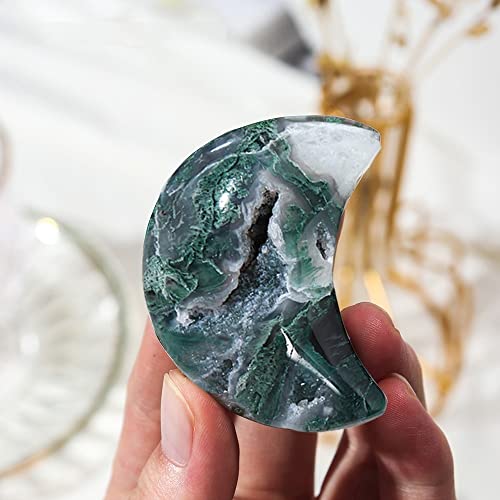 LiuliuBull Cristal Natural Green Moss Moss Agate DRUXZY Cristal Cava Cava CANACIONAL DE Piedra DE LA Luna Forma DE LA MONDICA ARNAMENTARIOS (Color : Moss Agate)