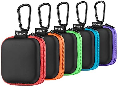 Earbuds Case, SUNGUY【5Pack】 Portable Small Earbud Carrying Case Storage Bag with Carabiner Clip for Earphone, Earbud, Earpieces, SD Memory Card, Camera Chips