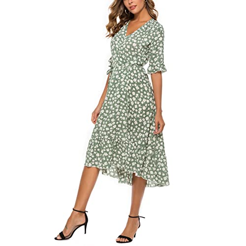AMhomely Womens Short Puff Sleeve Square Neck Floral Midi Dresses Flared Flowy Chiffon Maxi Dress Summer Beach Holiday Sundress Green - Image 6