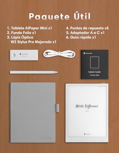 VIWOODS Paquete Mejorado con AiPaper Mini, Stylus Pro y 5 Puntas, Tableta AI E Ink de 8,2'' con Luz Ajustable, Cuaderno Electrónico de 292 PPI con Bolígrafo, Portátil 230 g - imagen 9