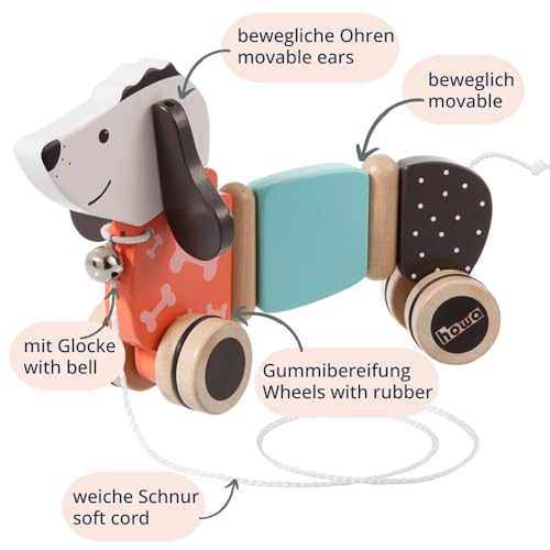 howa Nachziehtier ab 1 Jahr - Nachziehspielzeug Hund Fidi aus Holz, Nachziehhund mit Glocke, bodenschonende Gummibereifung, Holzspielzeug Nachziehtier Hund , Baby Spielzeug 6015