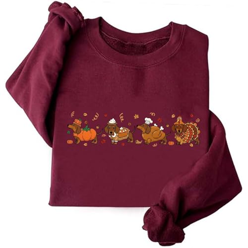 Image of TONGCHEN Dachshund Thanksgiving Turkey Sweatshirt Dachshund Shirts For Women Thankful Sweatshirts Autumn (US, Alpha, 3X-Large, Regular, Regular, Wine Red)