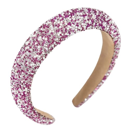 Gmmidea Pearl Rhinestone Women Headband Fashion Bling Beaded Crystal Diamond Headband Glitter Bejeweled Padded Hairband Holiday Girls Headpiece Sparkle Hair Accessories C-Hot Pink