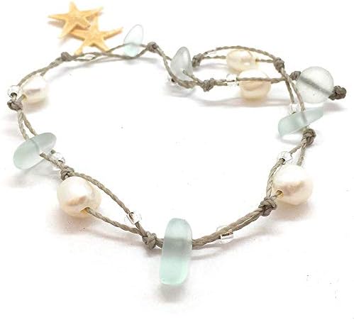 Sea Glass Bracelet or Ankle Wrap with Mint Green Glass and Freshwater Pearls, Beachy Boho Jewelry for Women, 11" Wrap