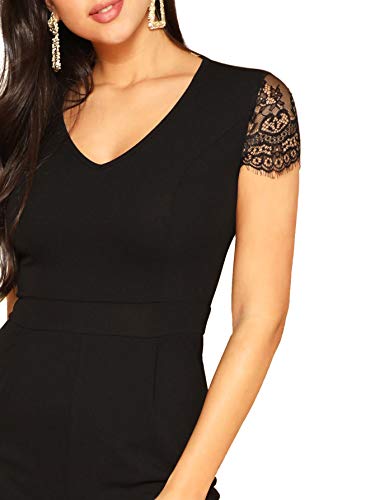 MakeMeChic Women's Casual V Neck Contrast Short Lace Sleeve Solid Skinny Jumpsuit Black M