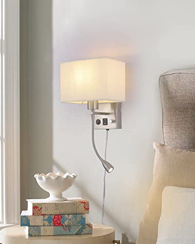 Apsekoka 2-Pack Bedside Lights Wall Sconce- Plug In Cord Wall Lamp With Two Usb Charging Ports For House Hotel With Brushed Nickel, Dimmable Wall Light Reading Lamp Fabric Shade And On/Off Switch #TOP3