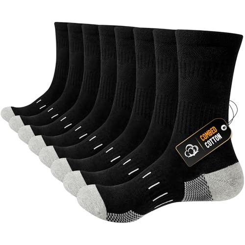 Niorasen Mens Socks Combed Cotton Mens Work Socks with Reinforced Toes & Heel 4 Pairs Crew Athletic Sports Sock for Outdoor Running Walking Hiking Cycling Black 9-11