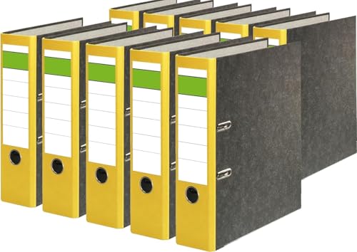 Papiertiger Ordner Nature mit farbigem Rücken aus Graukaton im Wolkenmamor Design, Rückenschild klassisch grüner Balken (Nature (Wolkenmamor), Gelb, 10 Stück | 8cm Breit)
