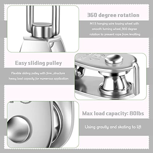 Ferraycle 30 Pcs Single Pulley Block System 304 Stainless Steel Pulley Wheel Hanging Wire Towing Wheel with 30 Pcs Spring Snap Hook, Lifting Wire Rope Single Swivel Roller, Silver(M15)