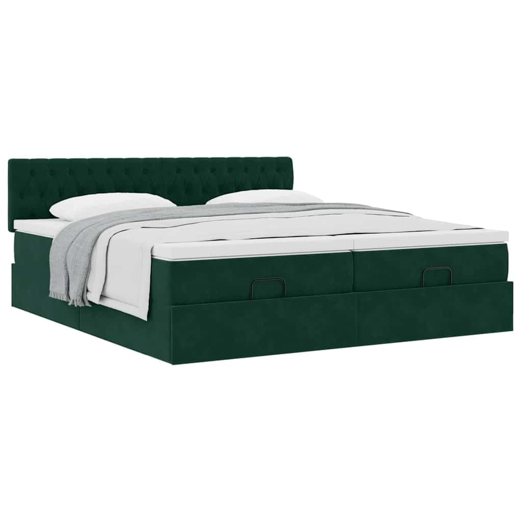 Cama otomana con colchones, verde oscuro 200 x 200 cm terciopelo, espacio de almacenamiento hidráulico, colchón de muelles ensacados, material suave, experiencia de sueño cómoda
