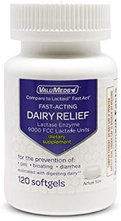ValuMeds Fast Acting Dairy Relief Lactose Enzymes, 120 Softgels, Help Prevent Gas, Bloating