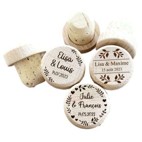 Bijou de Ré - Bouchon de vin personnalisé en bois et liège gravé, à l'unité ou en lot - Cadeau invités mariage, save the date, evjf, baptême, anniversaire. Tarif dégressif selon quantité