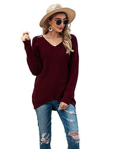 Iandroiy Women's Off Shoulder Loose Pullover Sweater Batwing Sleeve Knit Jumper Oversized Tunics Top (Medium,Wine Red) #TOP1