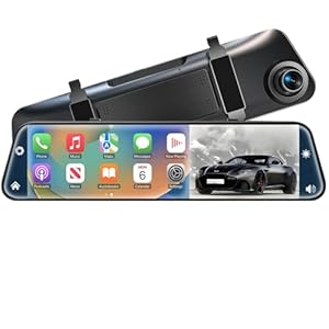 4K Rear View Mirror Camera with Carplay&Android Auto,12″ Mirror Dash Cam Front and Rear with Voice Control for Cars&Trucks,Smart Touch Screen,64GB Card Included/Loop Record/Reverse Assist