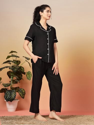 Image of Night Suit for Women's| Solid Night Dress| Half Sleeves Shirt and Pajama Set