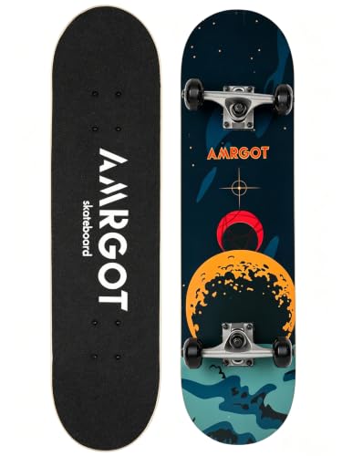 Amrgot Skateboards for Beginners,31 * 8 inches Complete Skateboards for Kids,Boys,Girls and Adults,7 Layer Maple Wood,Double Kick Deck Concave Standard and Tricks Skateboard (Black)
