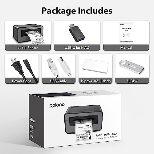 POLONO Etikettendrucker, DHL Thermodrucker Labeldrucker, Label Printer Thermodrucker Etikettendruck für Amazon, Ebay, Etsy, DHL ups USB Mac/PC Count