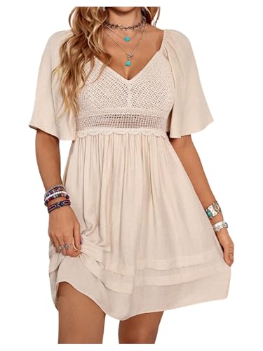 BEAUDRM Womens Hollow Out Short Dress Summer Ruffle V Neck Short Sleeve A Line Flowy Western Cowgirl Dresses Apricot Medium