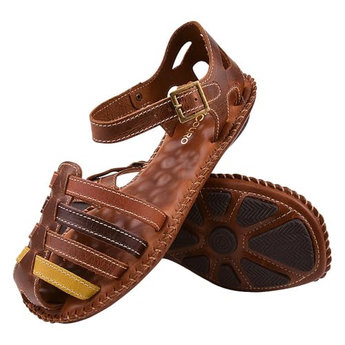 Sandália Couro Legitimo Feminino Artesanal Fechada Tiras Colorida Solado Costurado Manual SC33.01 (C