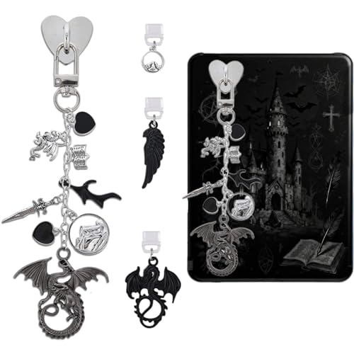 TAKEALOOKO Halloween Dust Plug Charm Chains for Kindle - 4Pcs Fantasy Dragon Wings Type C Dustplug & Chain Bracelet Strap Decorating Accessories, Gifts for E-Reader Book Lovers Women Men